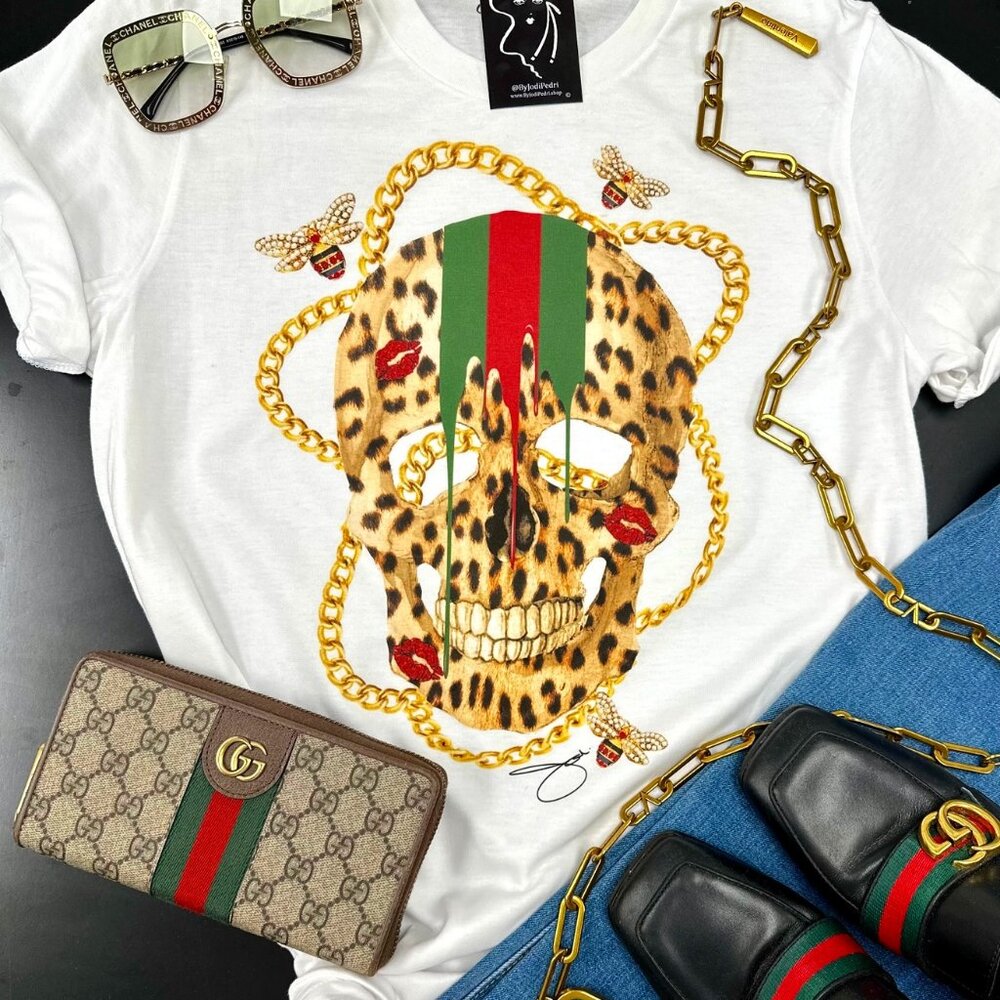 Designer Leopard Print Skull T-Shirt